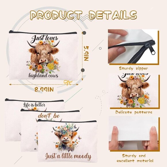 Highland Cow Print Makeup Bag 4PCS Cute Highland Cow Makeup Bags Party Supplies - Picture 3 of 6